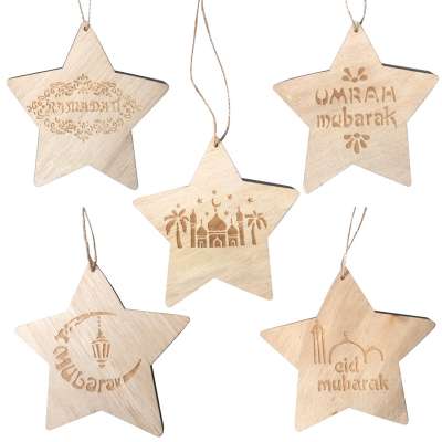 EID adha Wooden Five-pointed Star Decorations Islamic Small Pendant With Carved Pattern