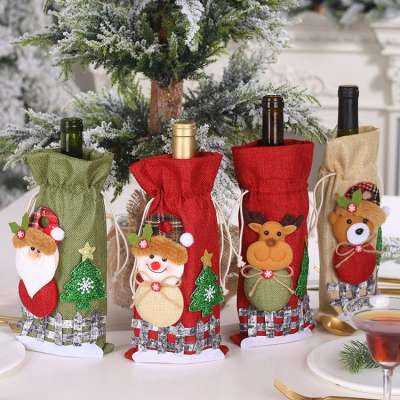 Christmas Wholesale Decoration Accessories Linen Snow Cartoon Drawstring Lattice Doll Wine Bottle Bag