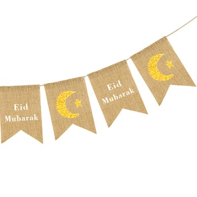 EID MUBARAK Flaxen Burgee Ramadan Party Decoration Muslim Setting Flag  Moon Star Linen Flag